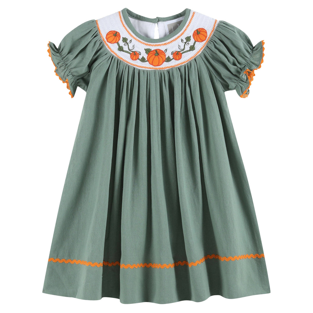 Sage Green Pumpkin Smocked Bishop Dress: