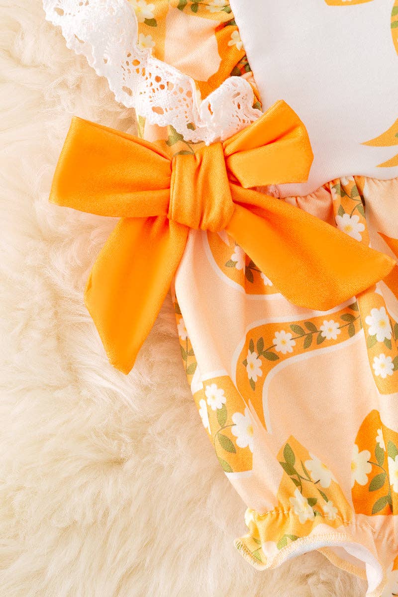 Yellow coquette bow printed girls baby romper. RPG51306 AMY: 12-18M