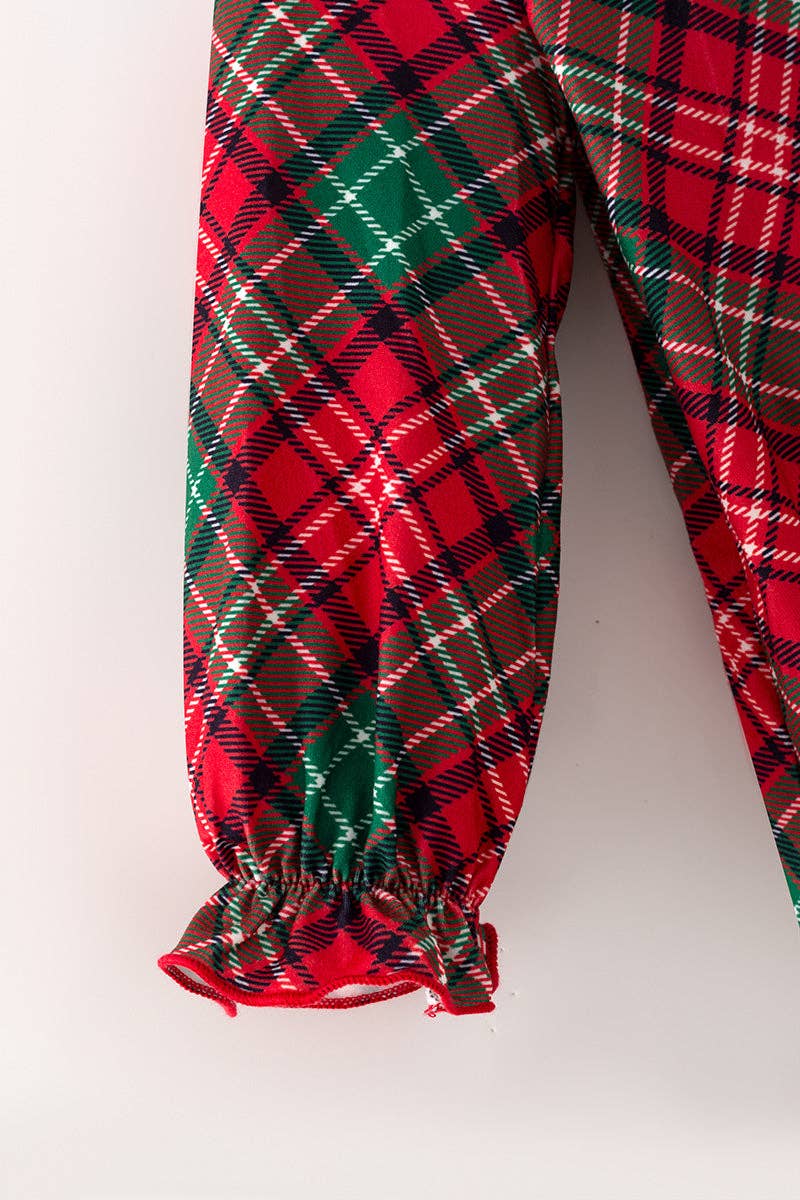 Red plaid printed girls baby roper with snaps w/ Christmas character applique.