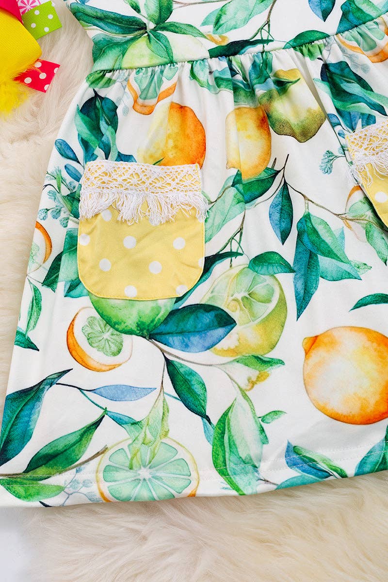 Lemon printed dress with lace detail & side pockets