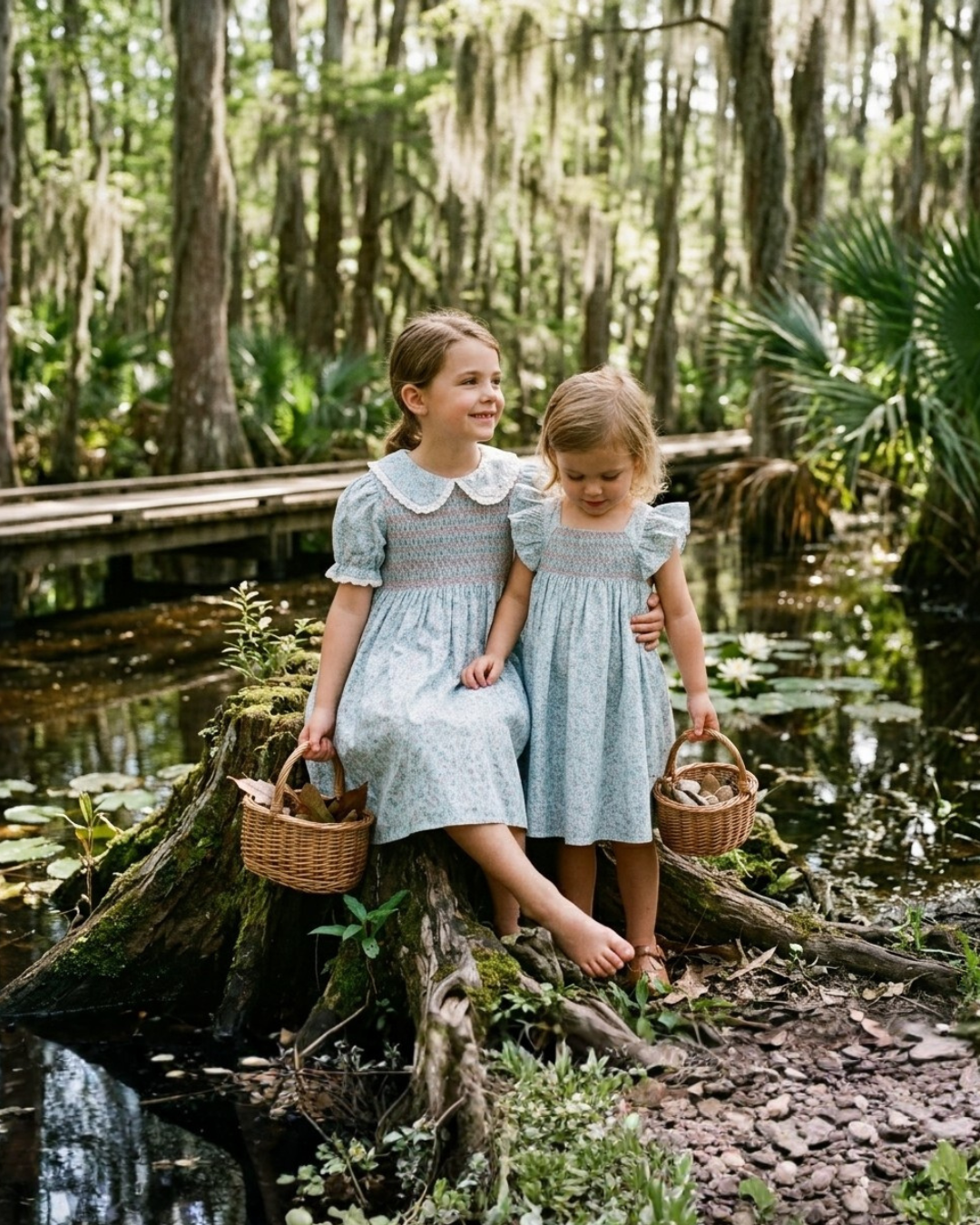 Floral Blue Dove Smocked Collared Dress: