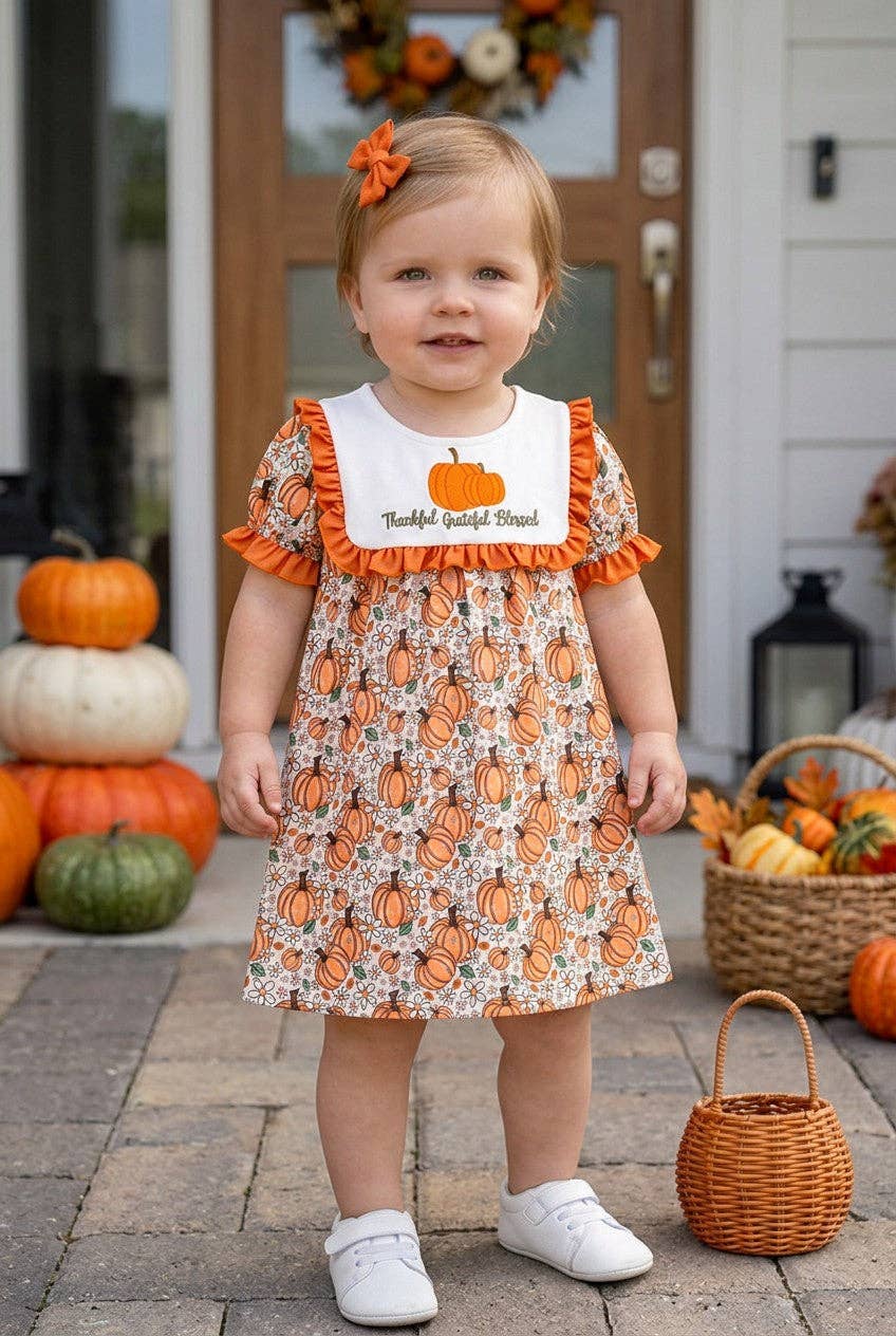 Thankful grateful Blessed" Embroidered dress w/pumpkin print.