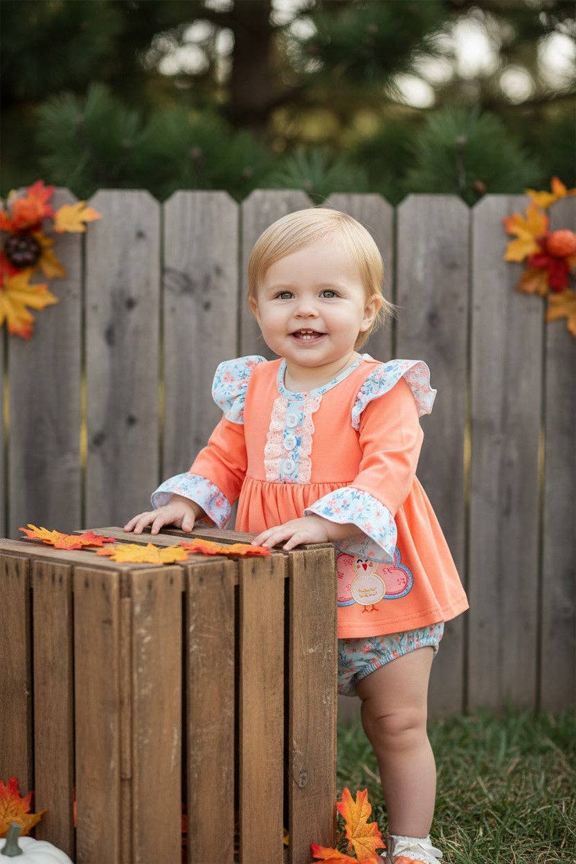 Coral & blue floral w/ turkey applique baby bodysuit