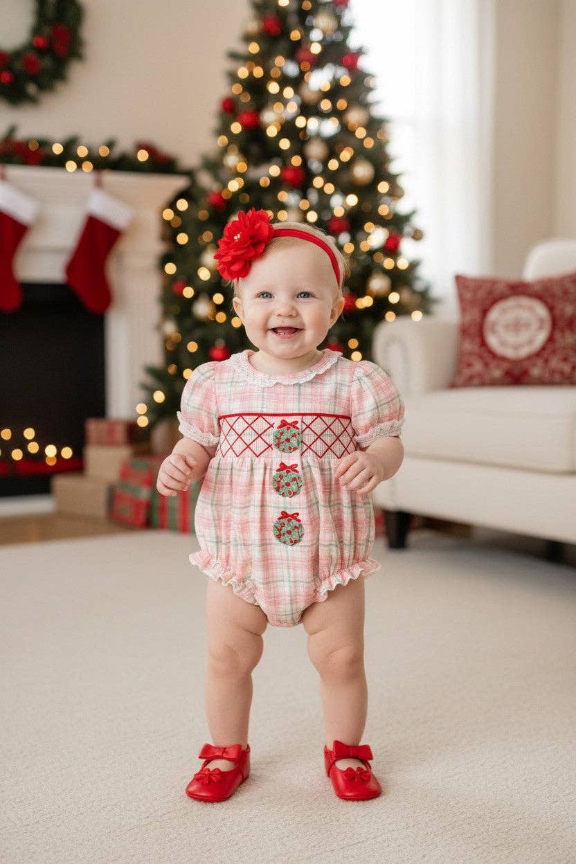 Side ornament baby romper w/ smocked chest detail