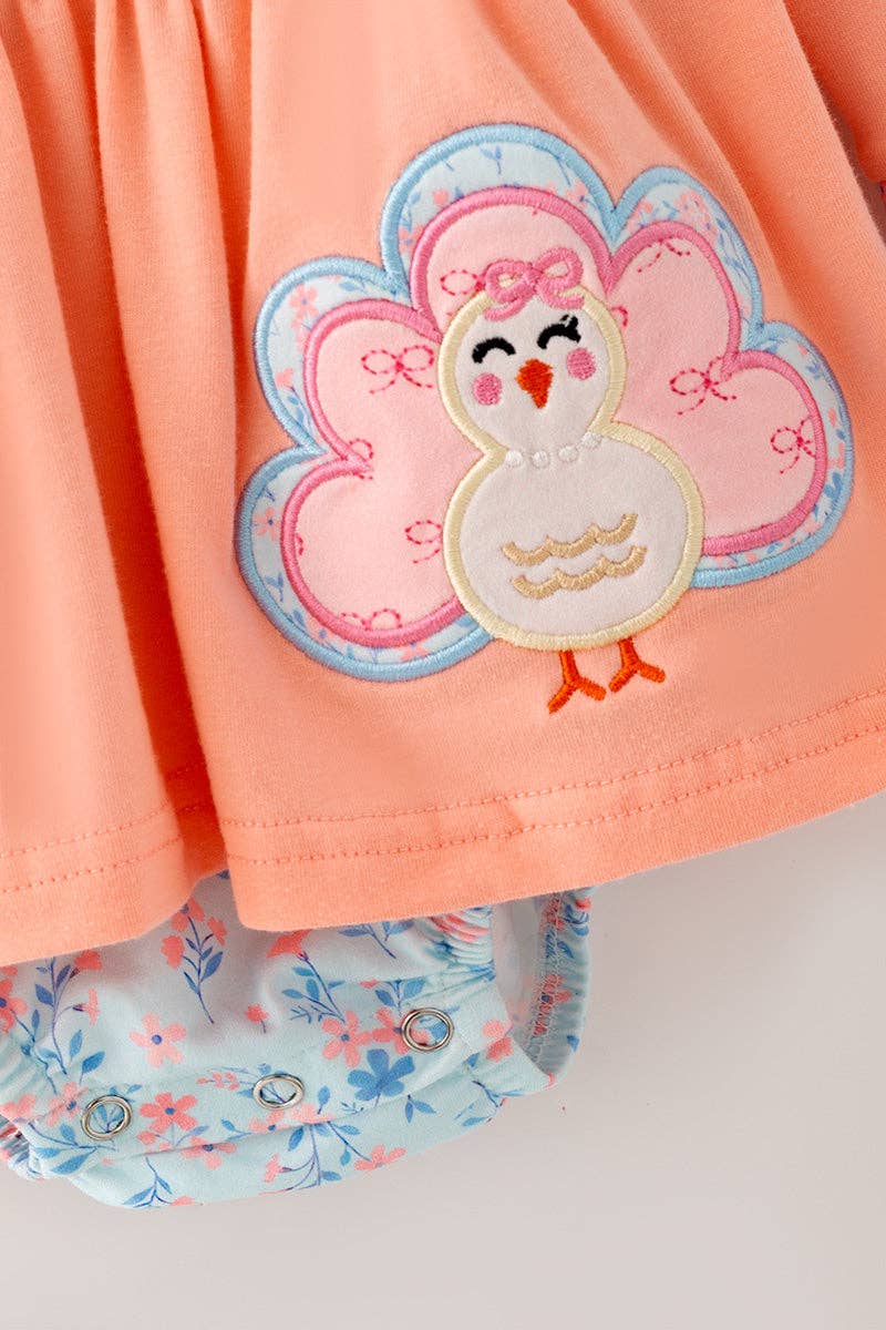 Coral & blue floral w/ turkey applique baby bodysuit