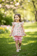 Pink floral tunic with pink shorts.