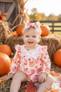 Mad pumpkin printed bubble baby bodysuit with embroidery.