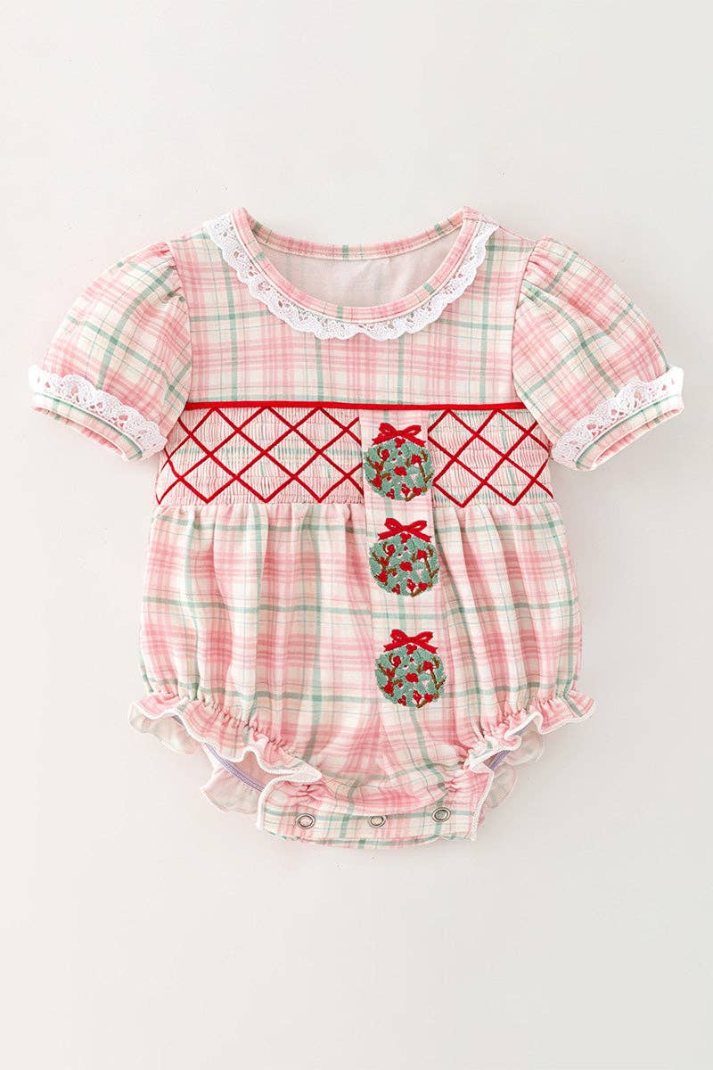 Side ornament baby romper w/ smocked chest detail