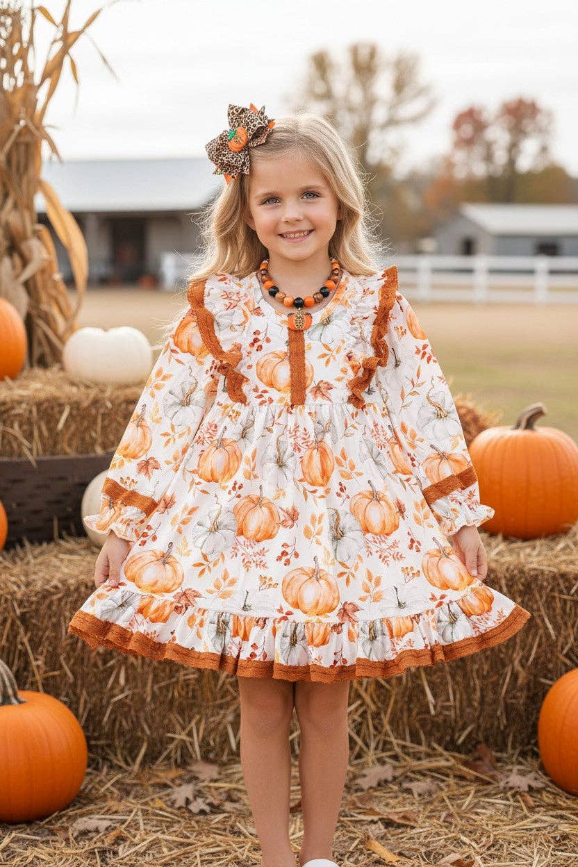 Pumpkin fall printed girls dress with angel sleeve. DRG53050 MON: L