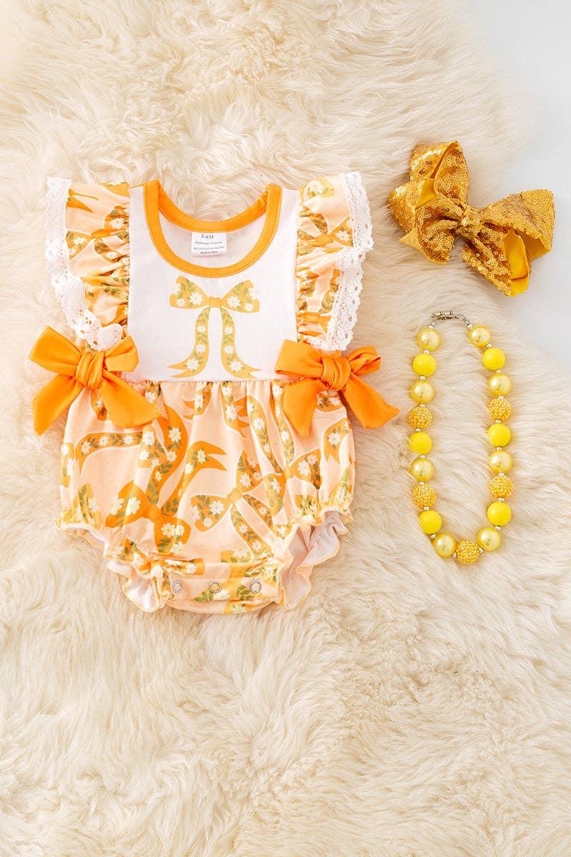 Yellow coquette bow printed girls baby romper. RPG51306 AMY: 12-18M