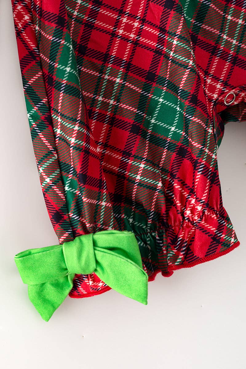Red plaid printed girls baby roper with snaps w/ Christmas character applique.