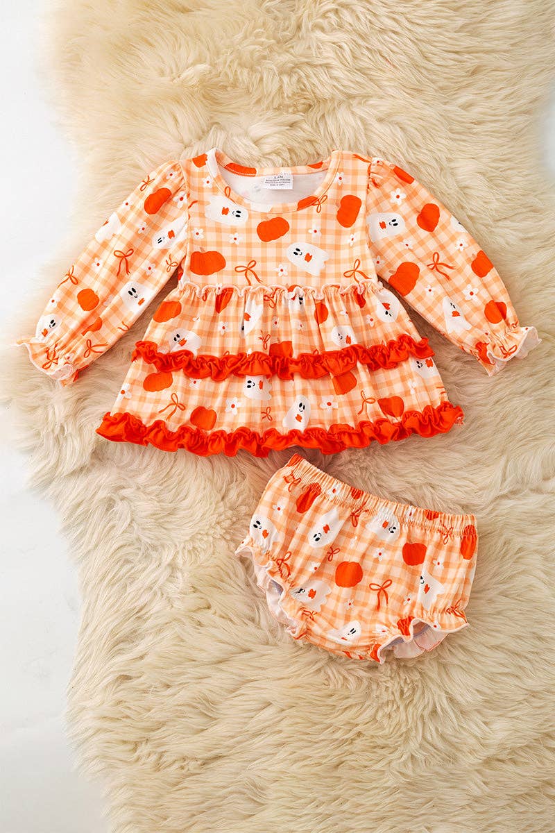 Ghost printed cute ruffle tunic and baby bloomers