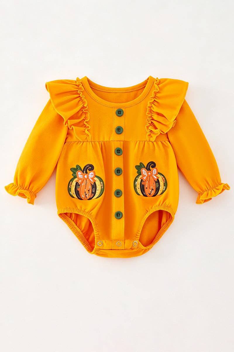 Pumpkin applique baby bodysuit with snaps.