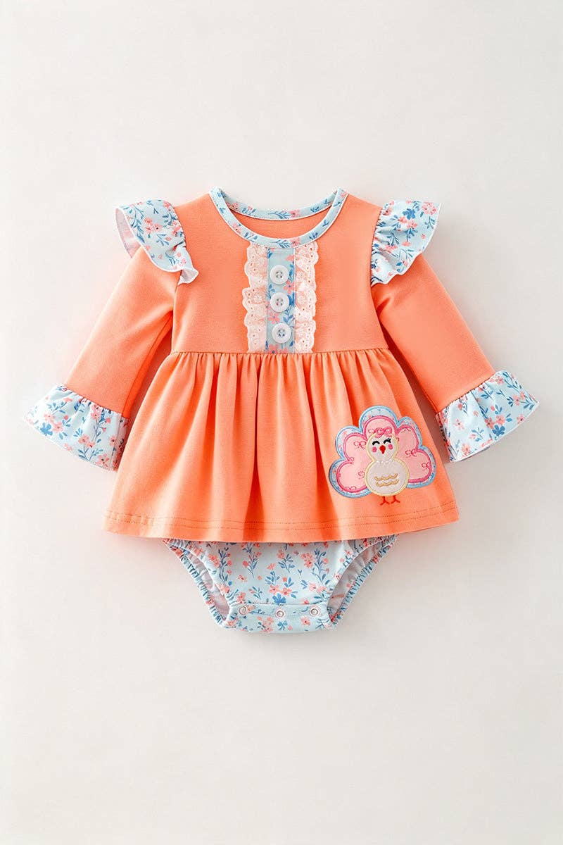 Coral & blue floral w/ turkey applique baby bodysuit