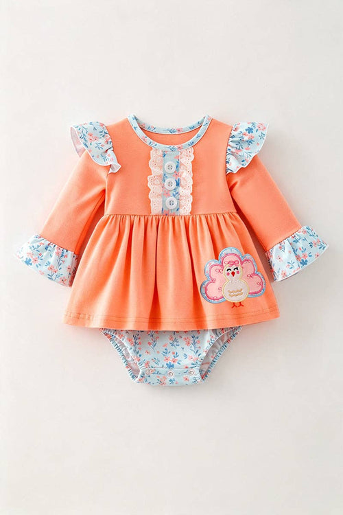 Coral & blue floral w/ turkey applique baby bodysuit