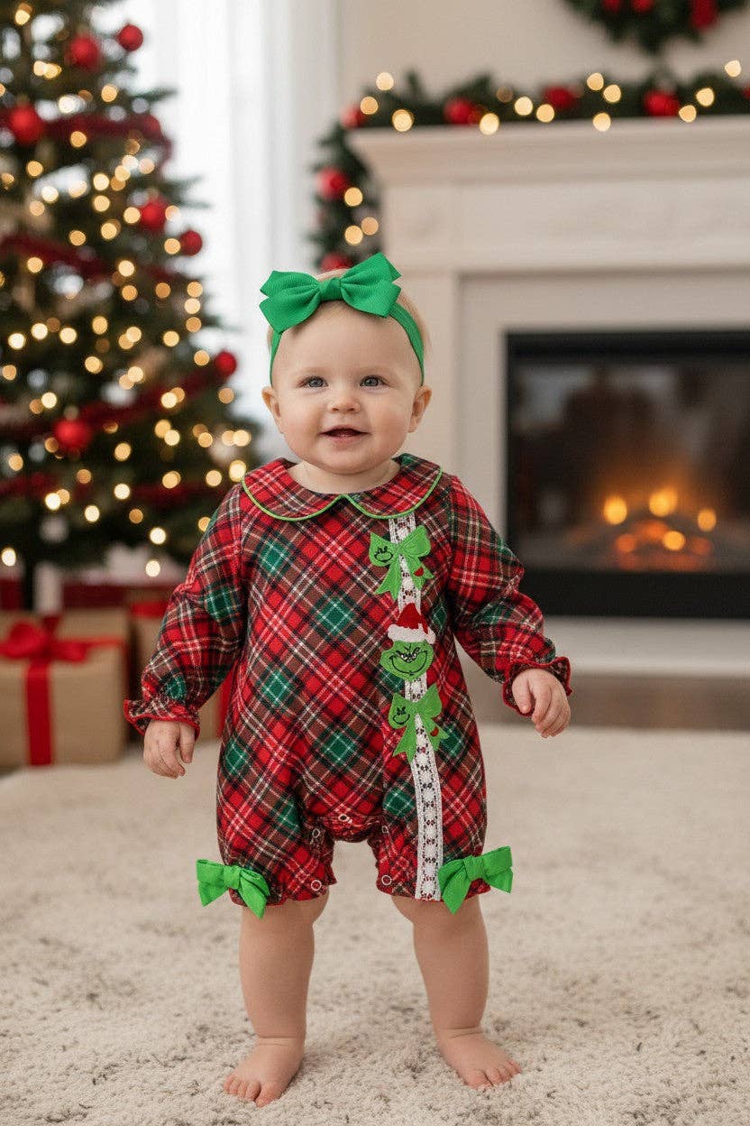 Red plaid printed girls baby roper with snaps w/ Christmas character applique.