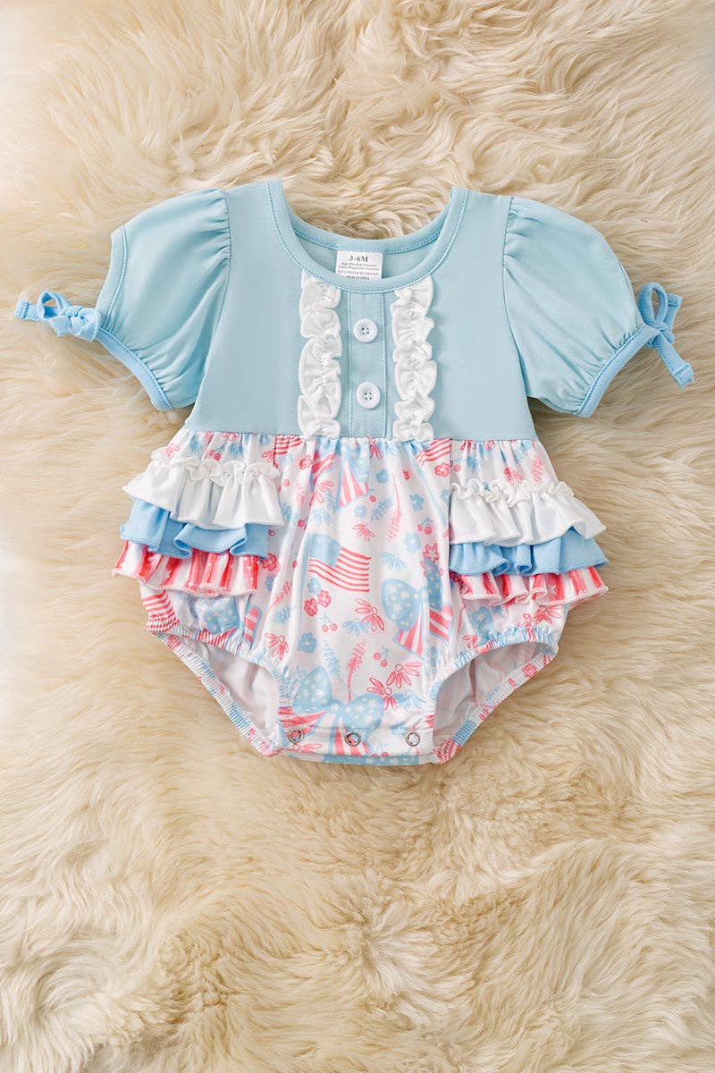 Baby blue multi-printed patriotic baby romper.