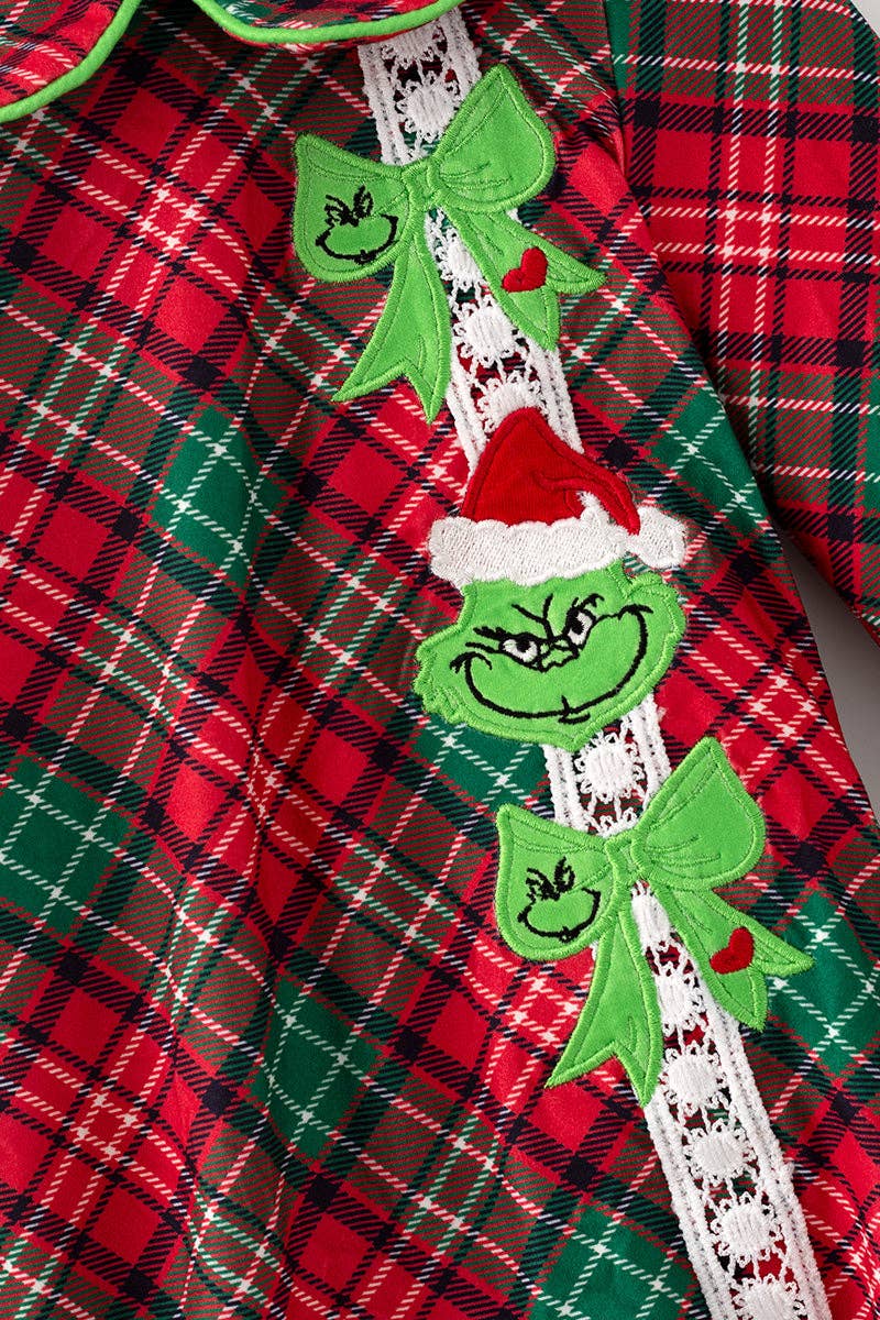 Red plaid printed girls baby roper with snaps w/ Christmas character applique.