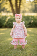 Multi-Color Ditsy floral tunic w/angel sleeve and pink shorts.