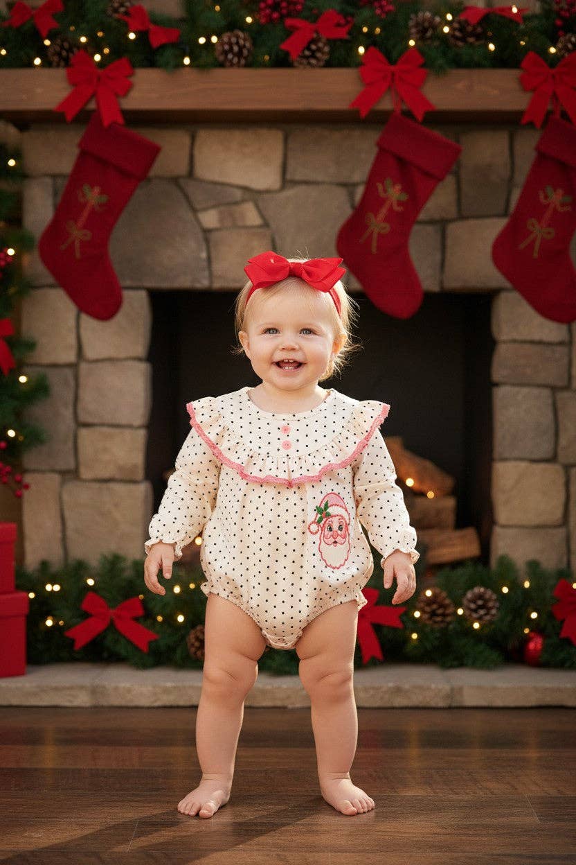Polka dot printed w/ Santa embroidered baby bodysuit.