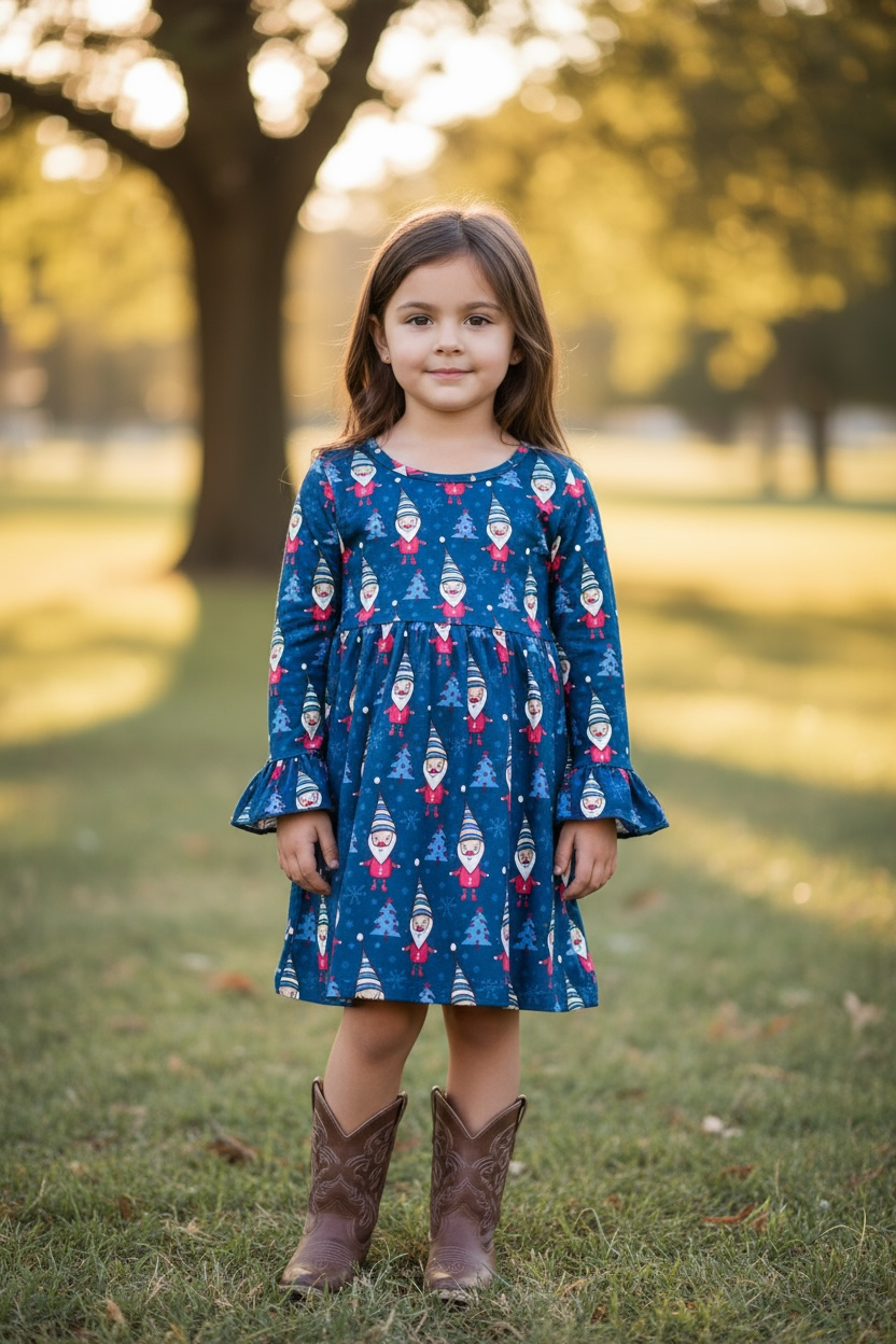 Gnome printed navy blue dress w/ bell sleeves