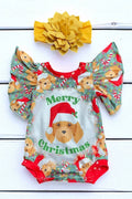 MERRY CHRISTMAS" CUTE DOG PRINTED ON BABY Cute baby bodysuit. WITH ANGEL SLEEVES