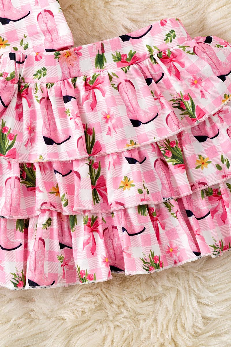 Pink Western boot printed crop top and 3 tiered layered skort. OFG61001 SOL: XL