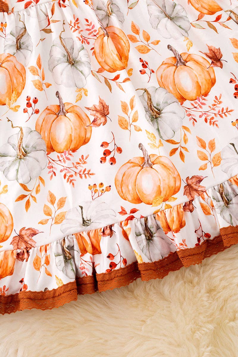 Pumpkin fall printed girls dress with angel sleeve. DRG53050 MON: L