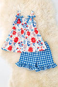Red floral/ patriotic tunic & gingham shorts. OFG0222 JEAN: 3XL