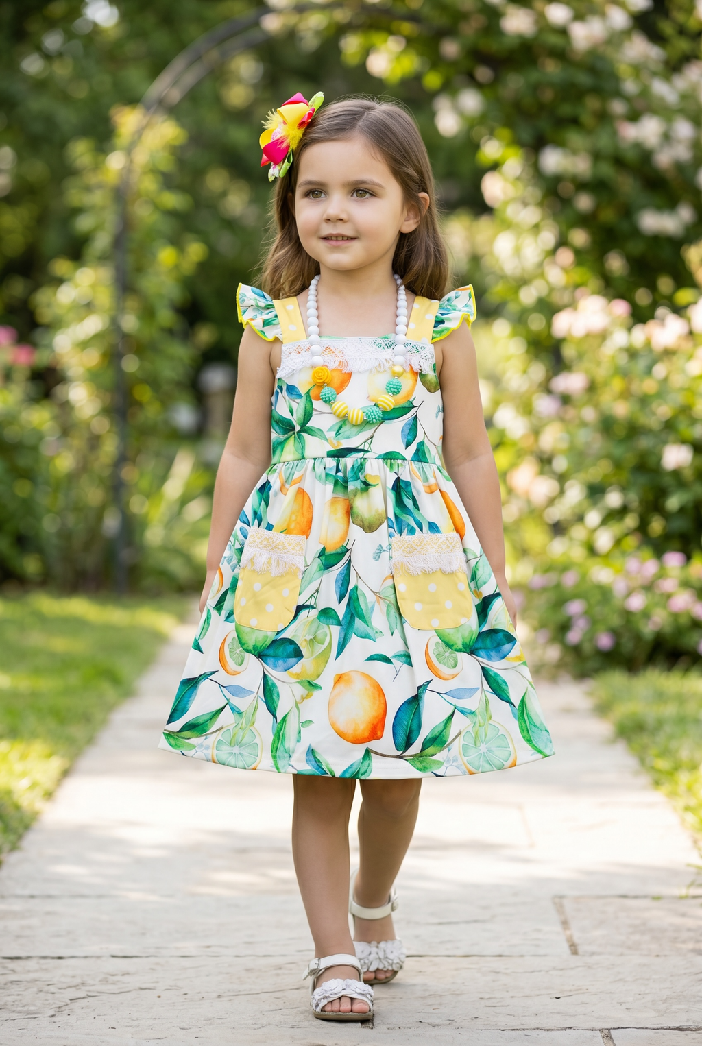 Lemon printed dress with lace detail & side pockets