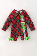 Red plaid printed girls baby roper with snaps w/ Christmas character applique.