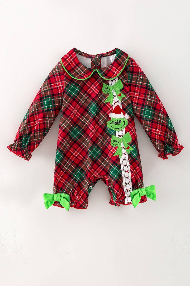 Red plaid printed girls baby roper with snaps w/ Christmas character applique.