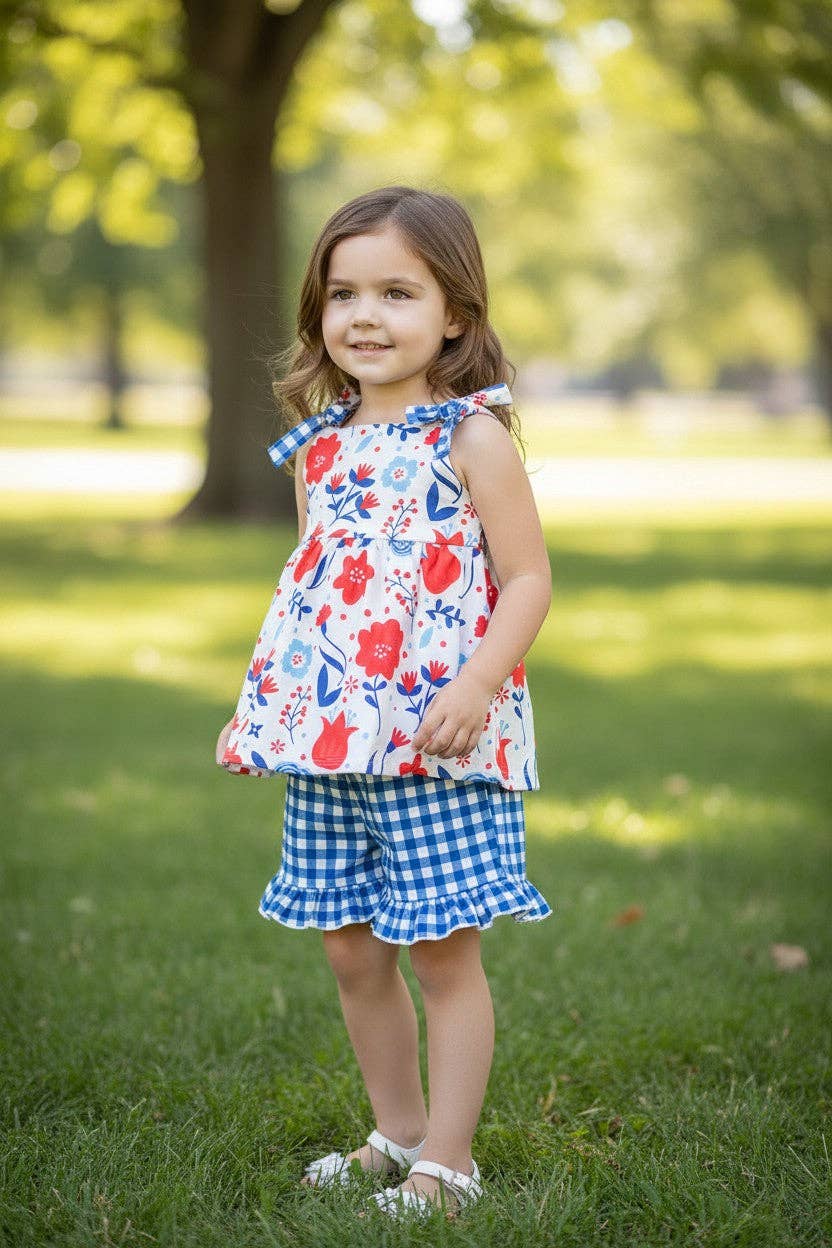 Red floral/ patriotic tunic & gingham shorts. OFG0222 JEAN: 3XL