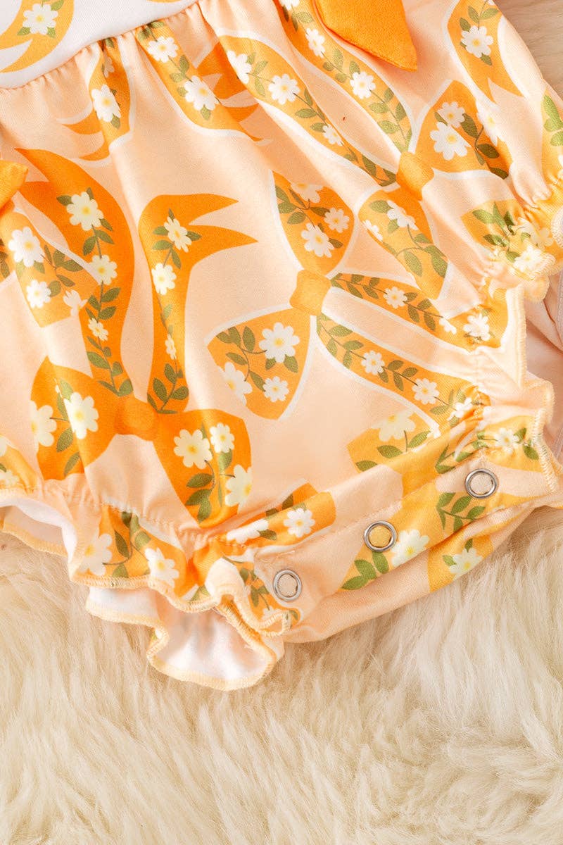 Yellow coquette bow printed girls baby romper. RPG51306 AMY: 12-18M