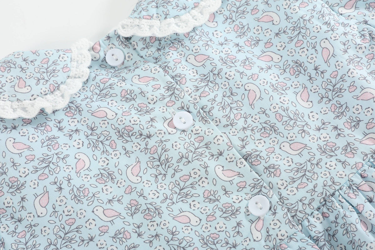 Floral Blue Dove Smocked Collared Dress: