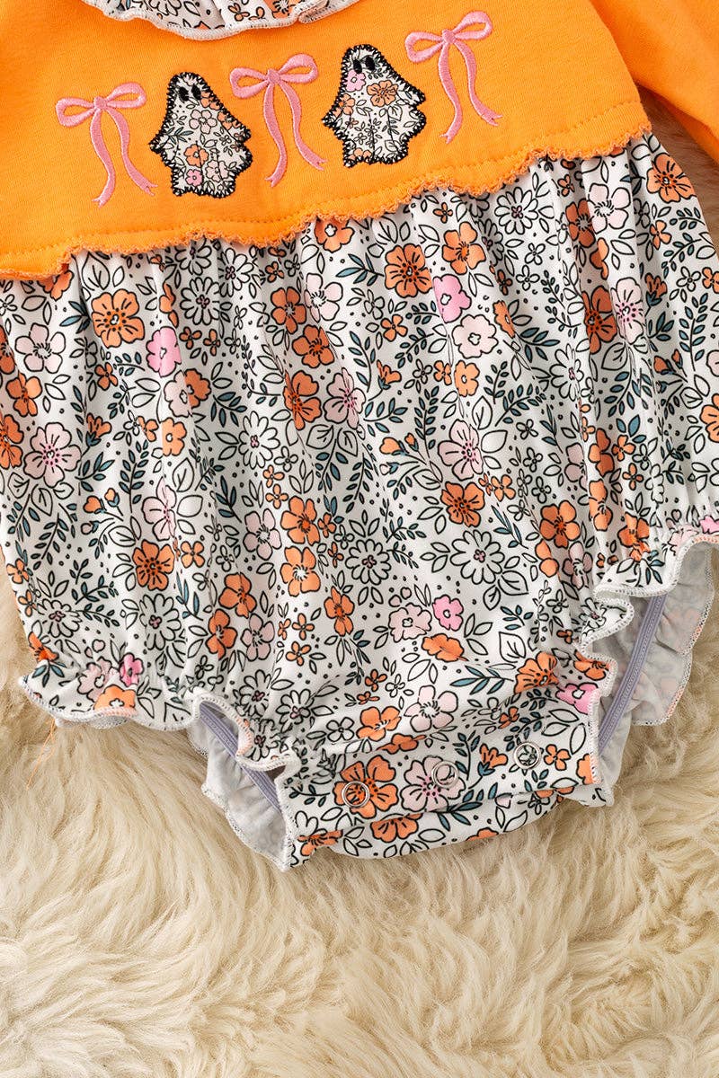 Floral ghost applique on orange baby romper