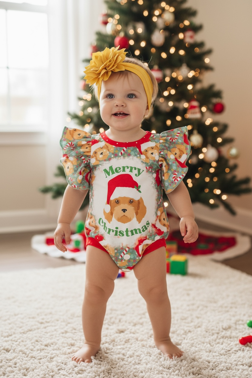 MERRY CHRISTMAS" CUTE DOG PRINTED ON BABY Cute baby bodysuit. WITH ANGEL SLEEVES