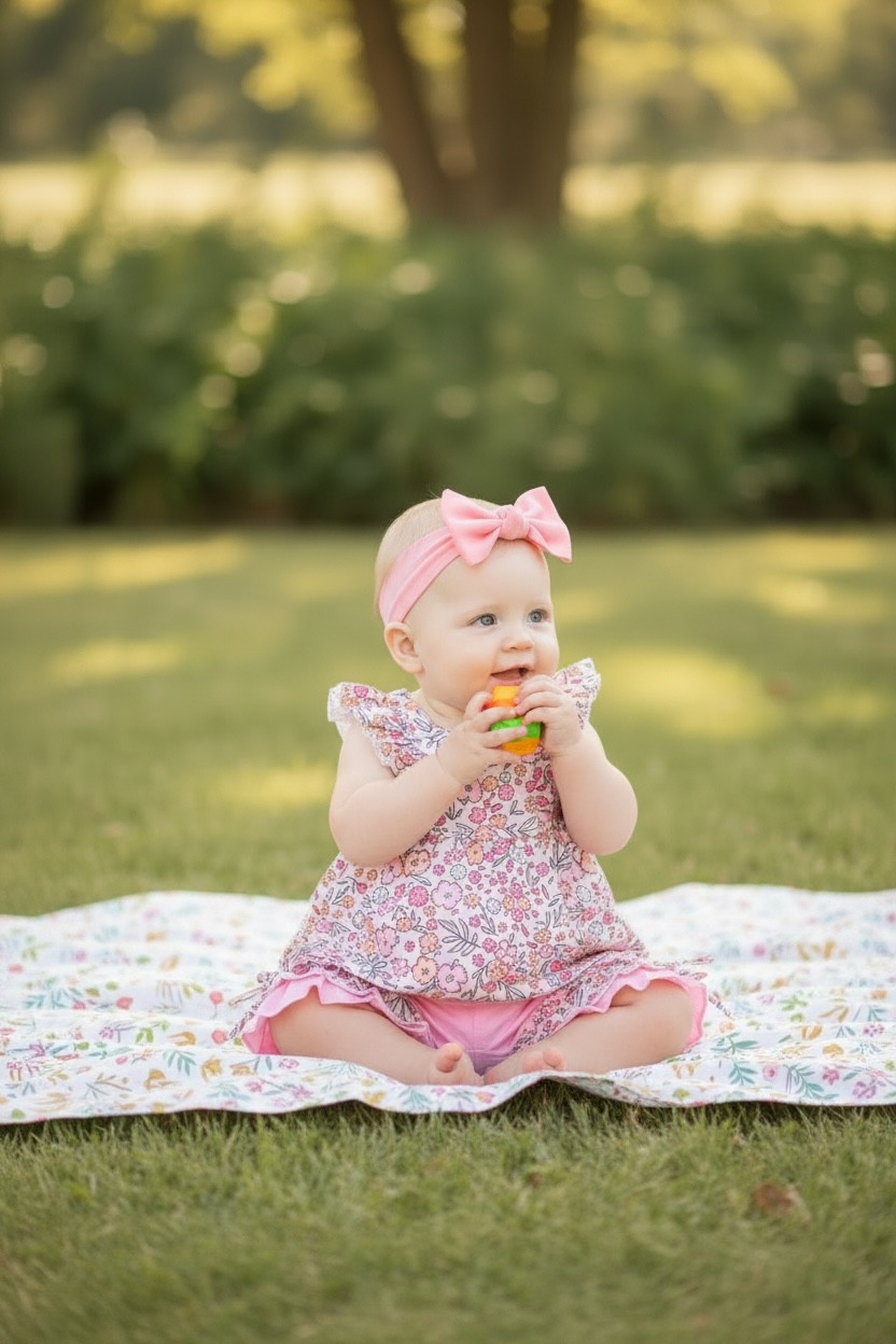 Multi-Color Ditsy floral tunic w/angel sleeve and pink shorts.