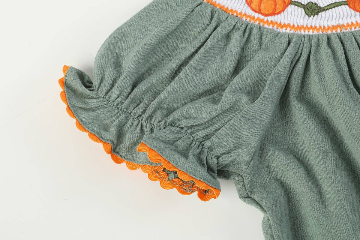 Sage Green Pumpkin Smocked Bishop Dress:
