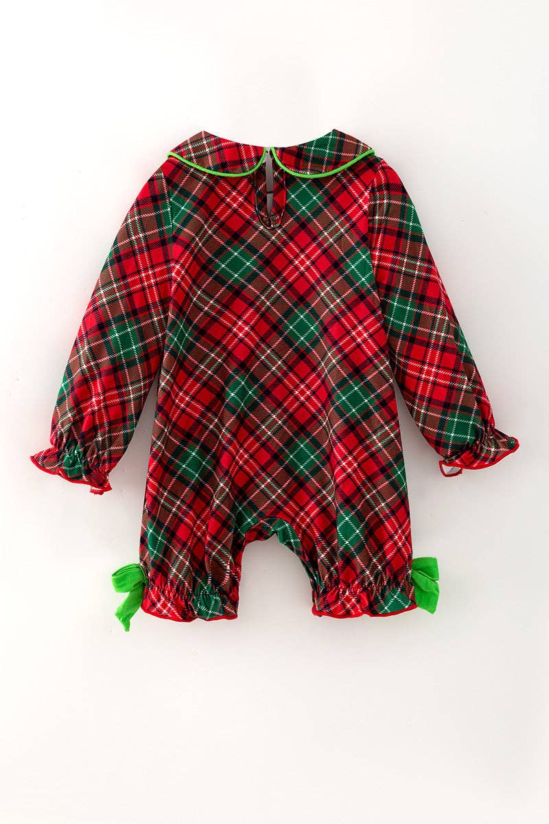 Red plaid printed girls baby roper with snaps w/ Christmas character applique.