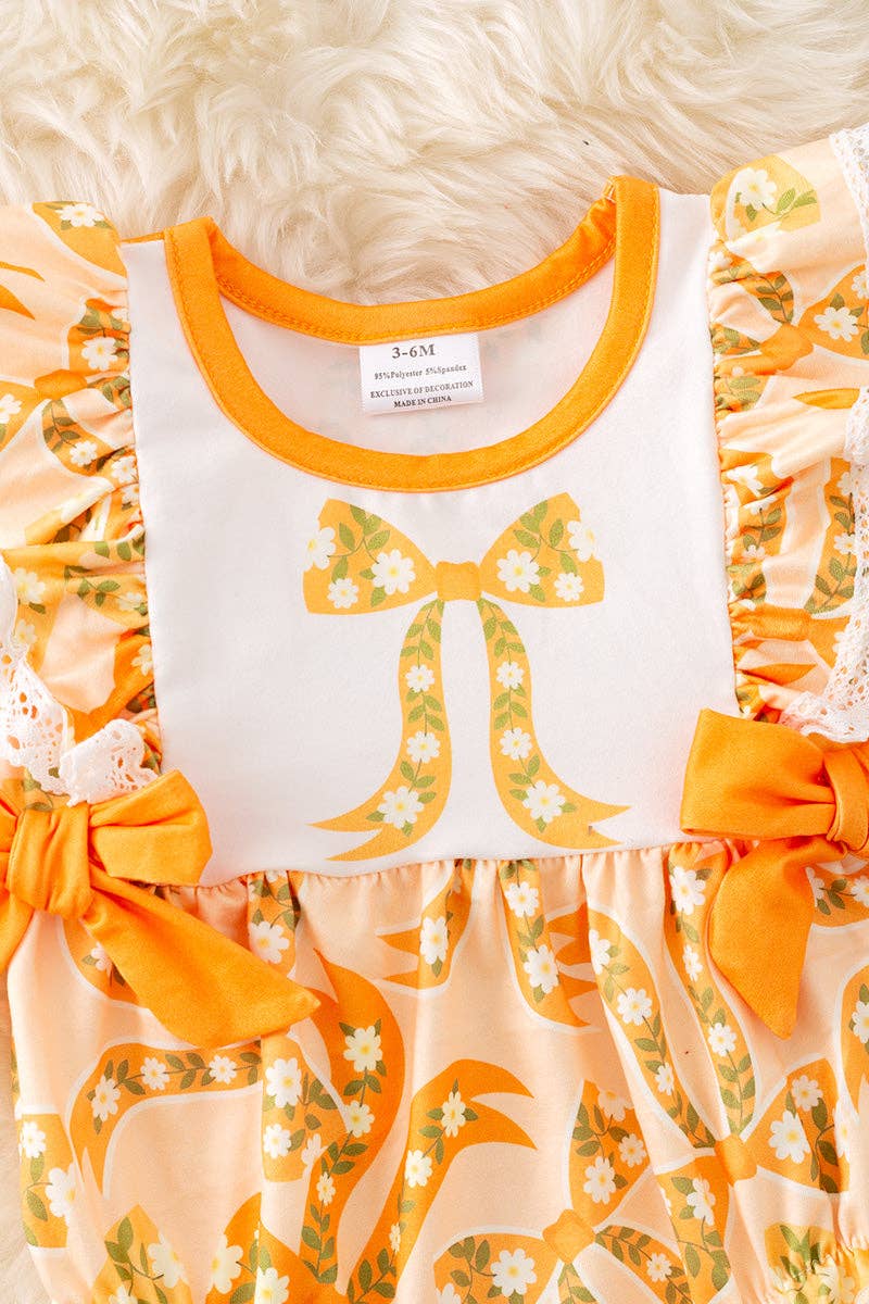 Yellow coquette bow printed girls baby romper. RPG51306 AMY: 12-18M