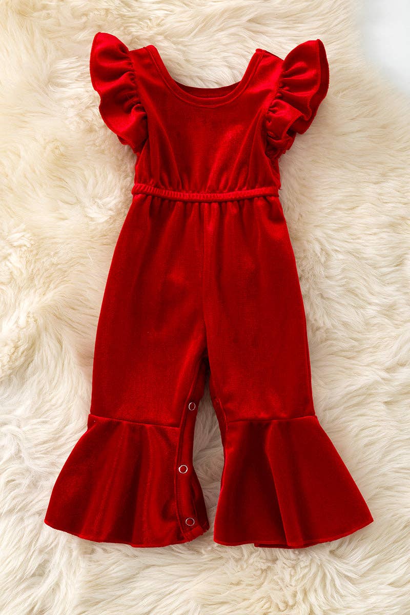 Red Velvety baby romper with snaps.