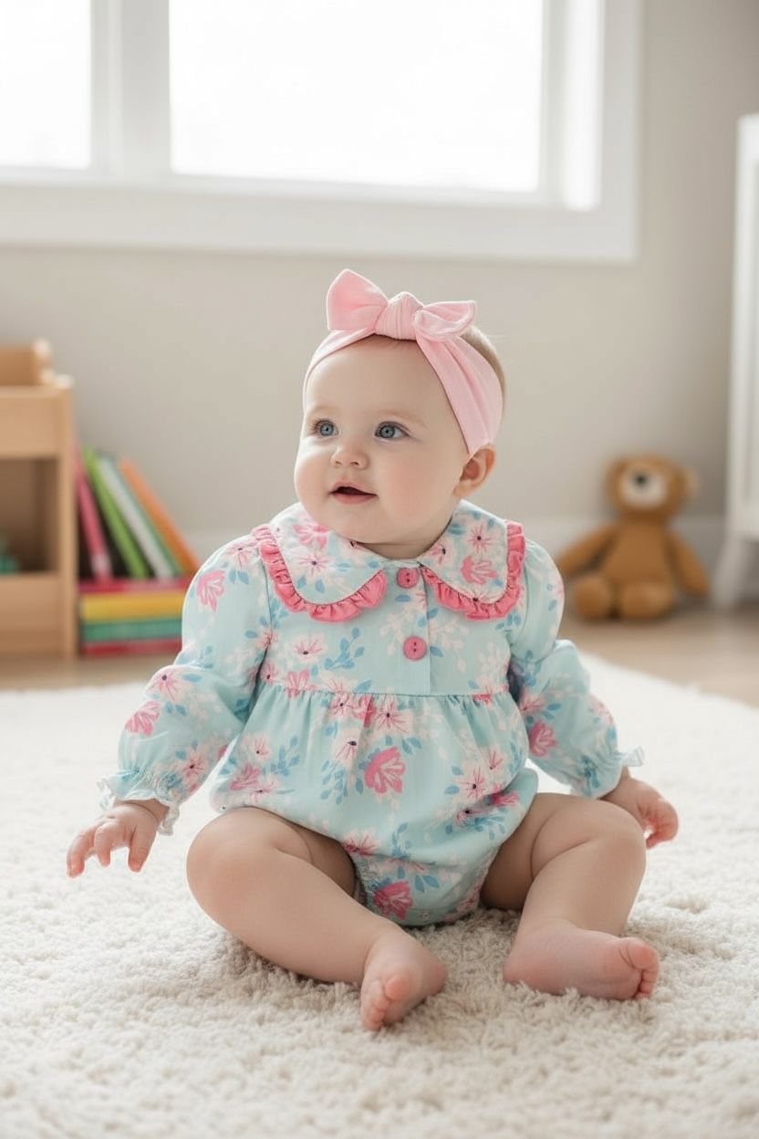 Pastel floral printed onesie w/ long sleeve.
