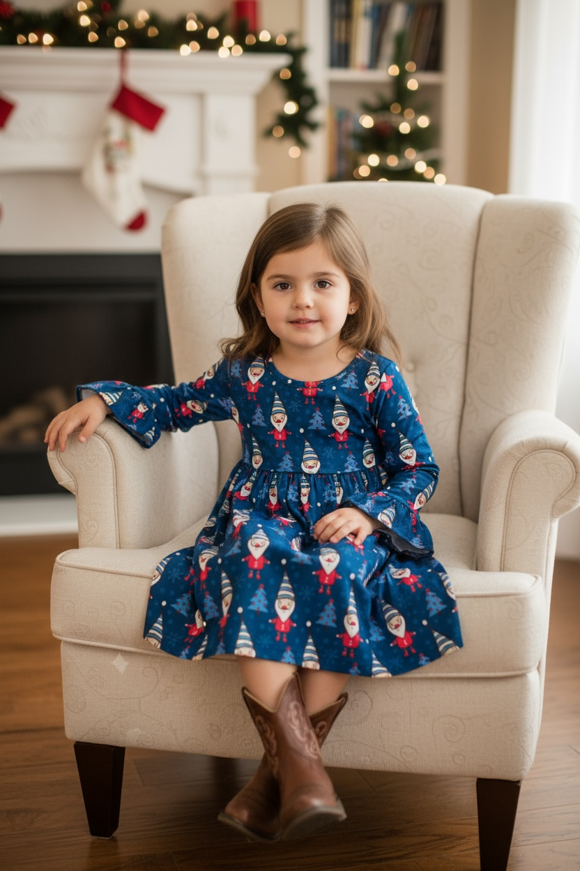 Gnome printed navy blue dress w/ bell sleeves