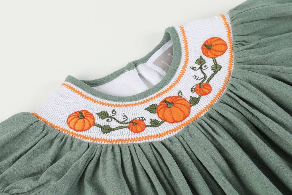 Sage Green Pumpkin Smocked Bishop Dress: