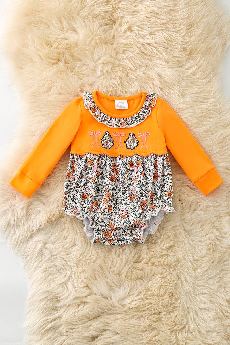 Floral ghost applique on orange baby romper
