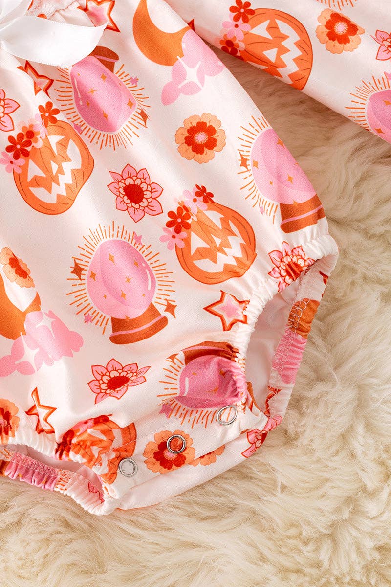 Mad pumpkin printed bubble baby bodysuit with embroidery.