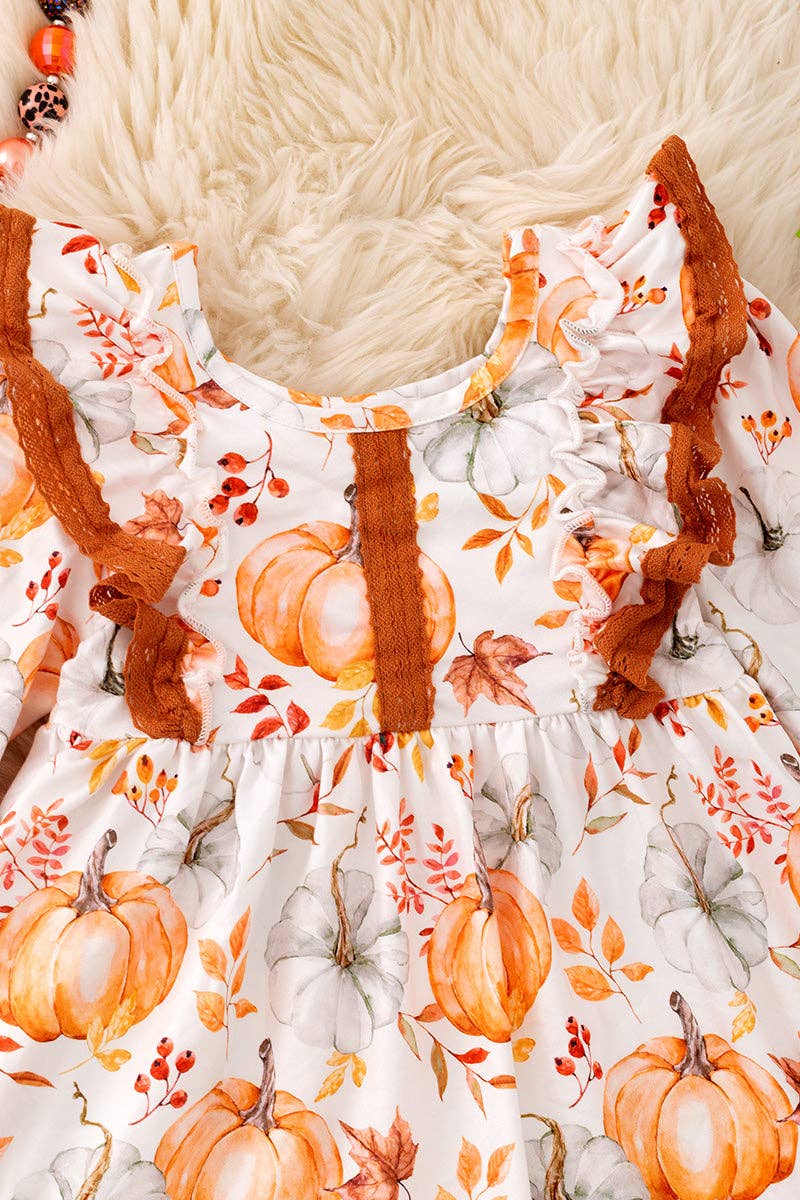 Pumpkin fall printed girls dress with angel sleeve. DRG53050 MON: XL