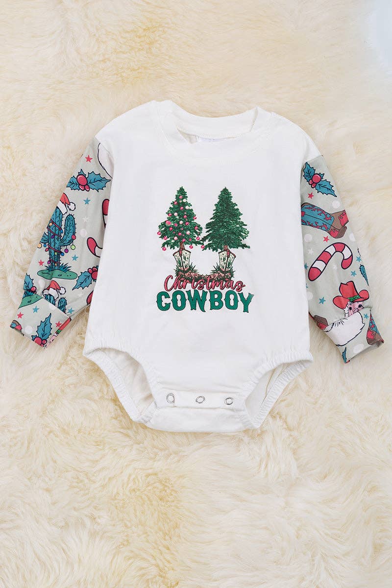 Christmas cowboy printed baby onesie with snaps.