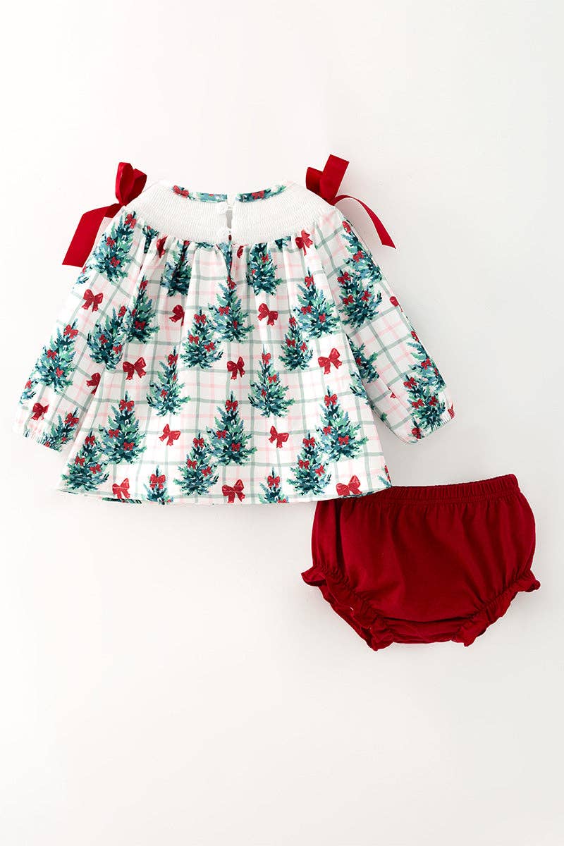 "Oh Christmas tree" Christmas tree printed tunic and red bloomers.
